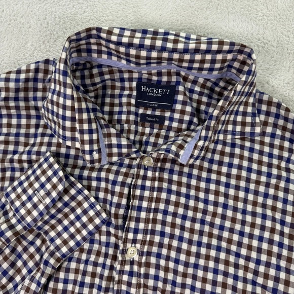 Hackett London Tailored Fit Shirt Brown Blue Checkered Long Sleeve Mens XL EUC - Picture 1 of 9